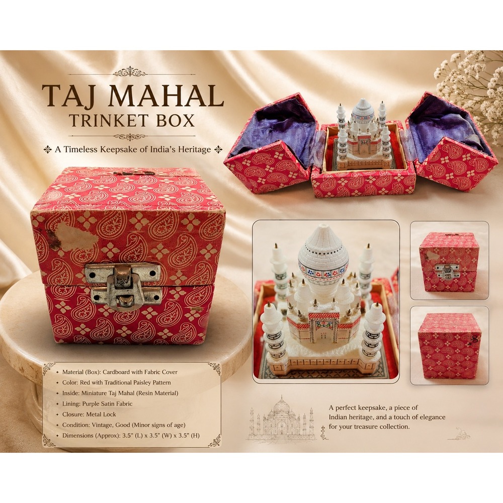 Vintage Miniature Taj Mahal Souvenir Figurine in Red Paisley Presentation Box
